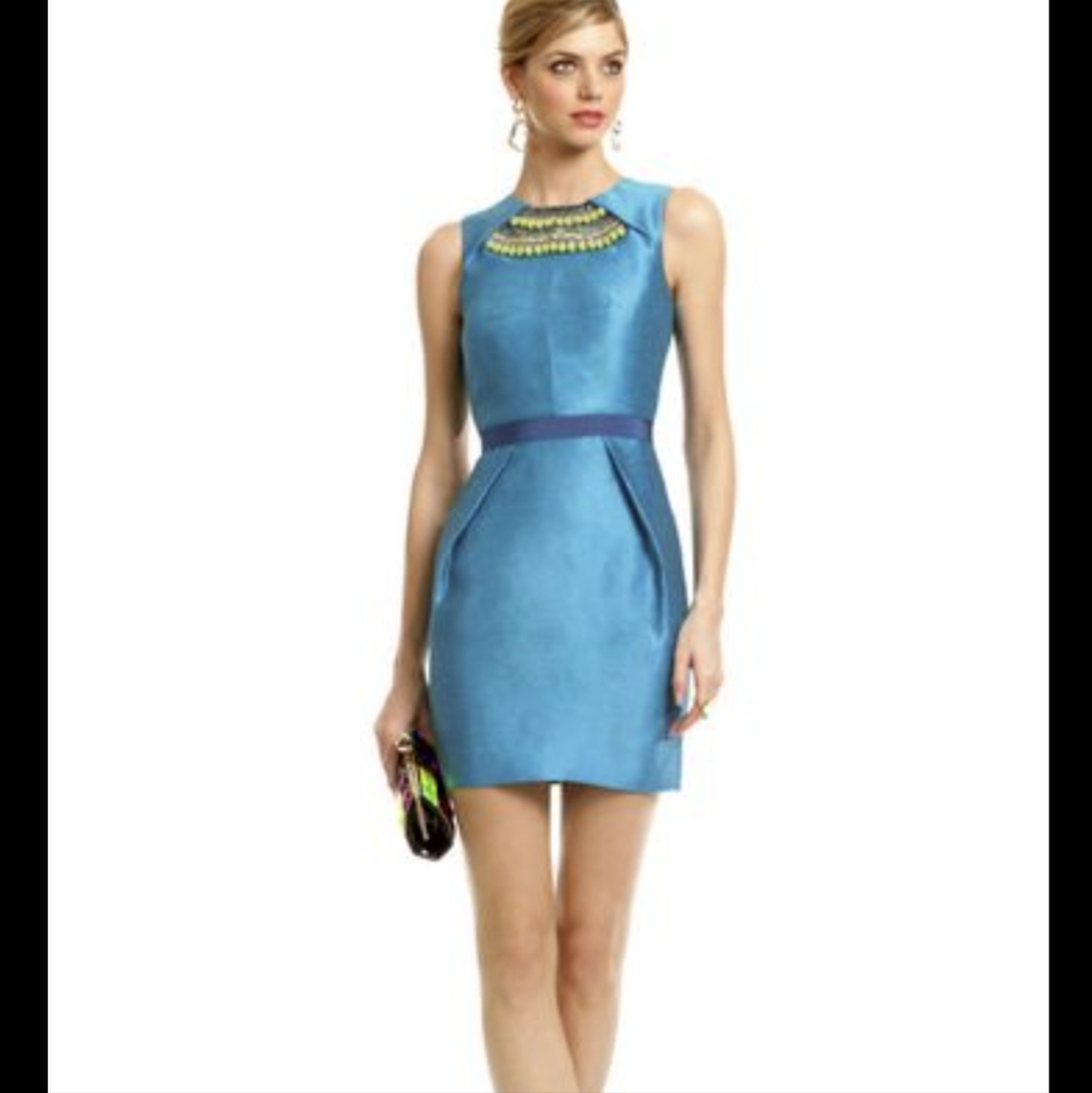 Teal Silk Linen Taffeta Embellished Sheath Cocktail Dress - Matthew Williamson